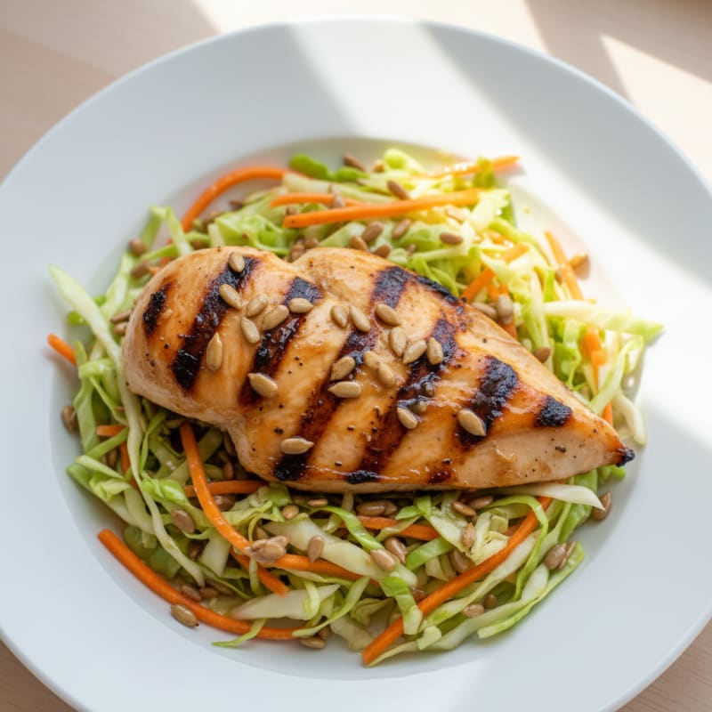 Grilled Chicken Breast with Crunchy Shredded Cabbage and Carrot Slaw