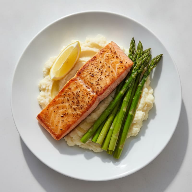 Seared Salmon with Steamed Asparagus and Mashed Cauliflower