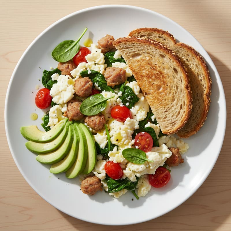 Egg White and Turkey Sausage Scramble with Spinach and Tomatoes