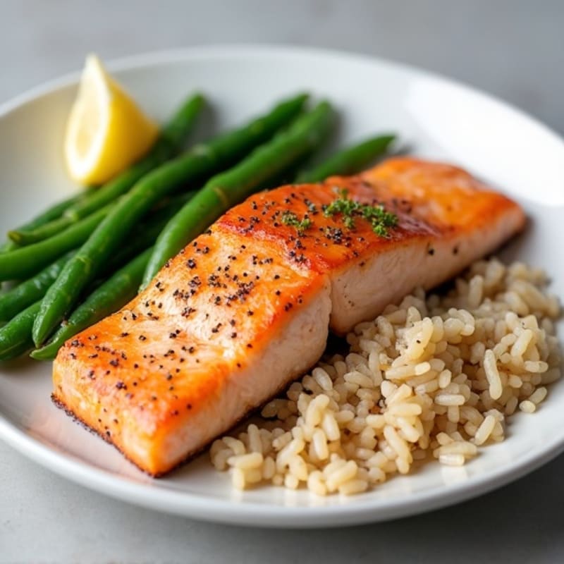 Seared Salmon Fillet with Steamed Green Beans and Brown Rice