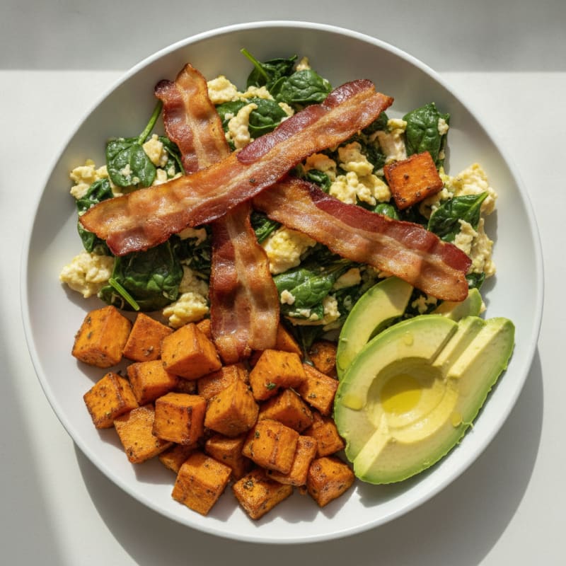 Crispy Turkey Bacon and Egg White Scramble with Spinach