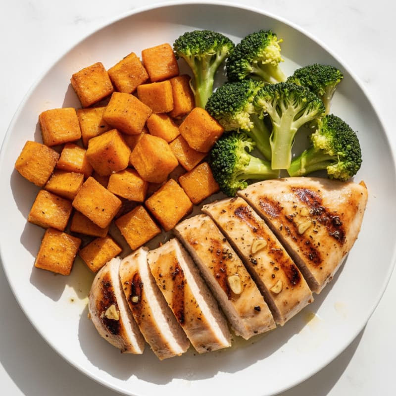 Grilled Chicken Breast with Roasted Sweet Potato and Steamed Broccoli