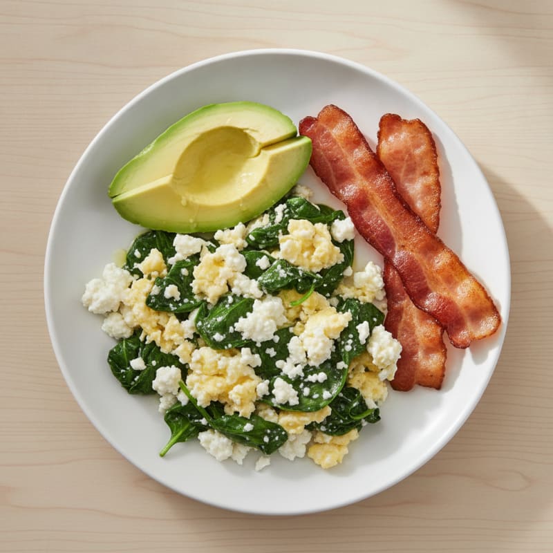 Cottage Cheese Scramble with Sautéed Spinach and Turkey Bacon