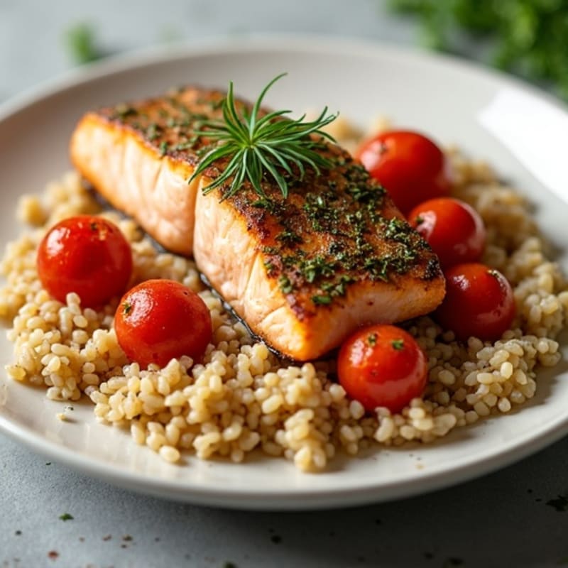 Herb-Crusted Salmon with Roasted Tomatoes and Garlic Rice