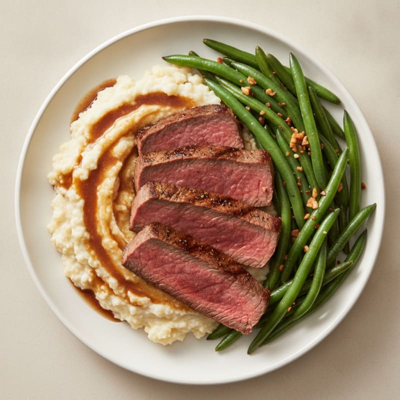 Seared Sirloin Steak with Garlic Green Beans and Cauliflower Mash