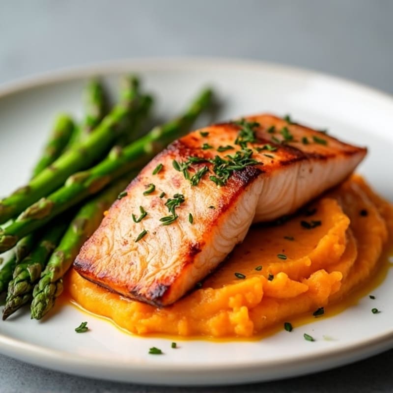 Seared Salmon with Steamed Asparagus and Sweet Potato Mash