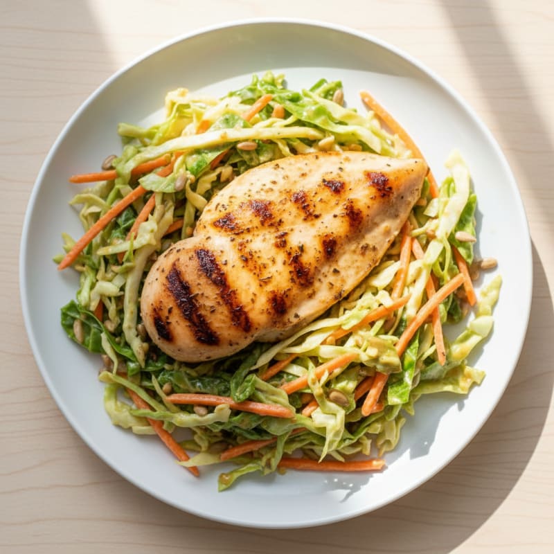 Grilled Chicken Breast with Crunchy Veggie Slaw and Light Honey Mustard Dressing