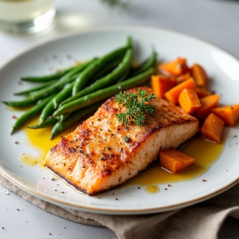 Crispy Pan-Seared Salmon with Roasted Sweet Potatoes and Tender Green Beans