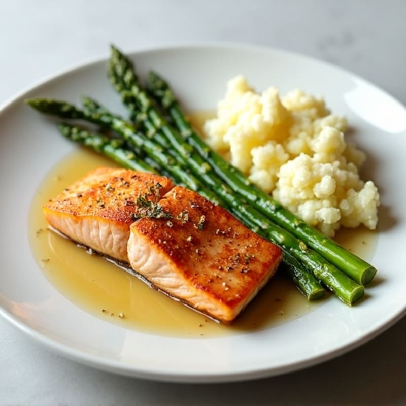 Seared Salmon with Steamed Asparagus and Mashed Cauliflower