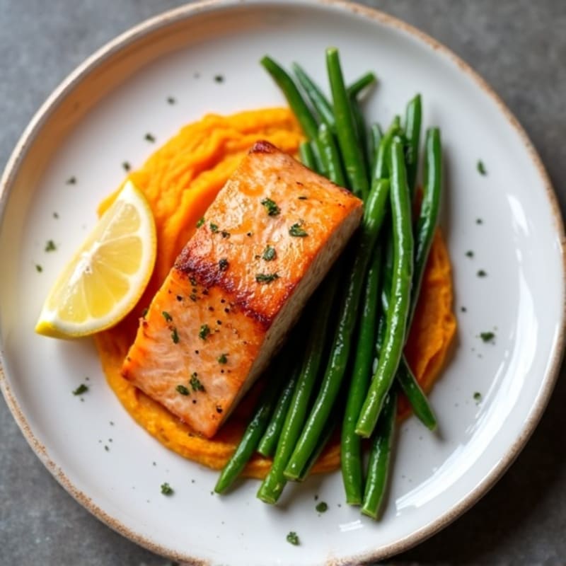 Seared Salmon with Garlic Green Beans and Sweet Potato Mash