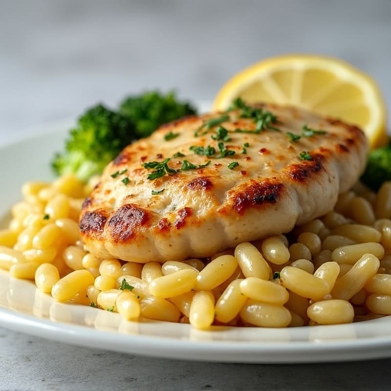 Creamy Lemon Garlic Orzo with Pan-Seared Chicken and Roasted Broccoli