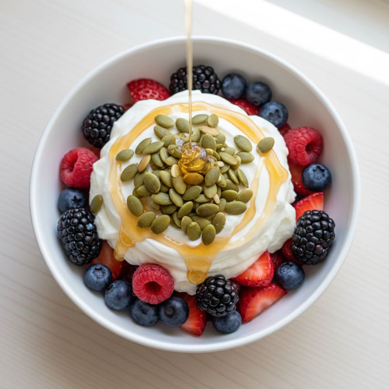 Greek Yogurt Parfait with Mixed Berries and Pumpkin Seeds