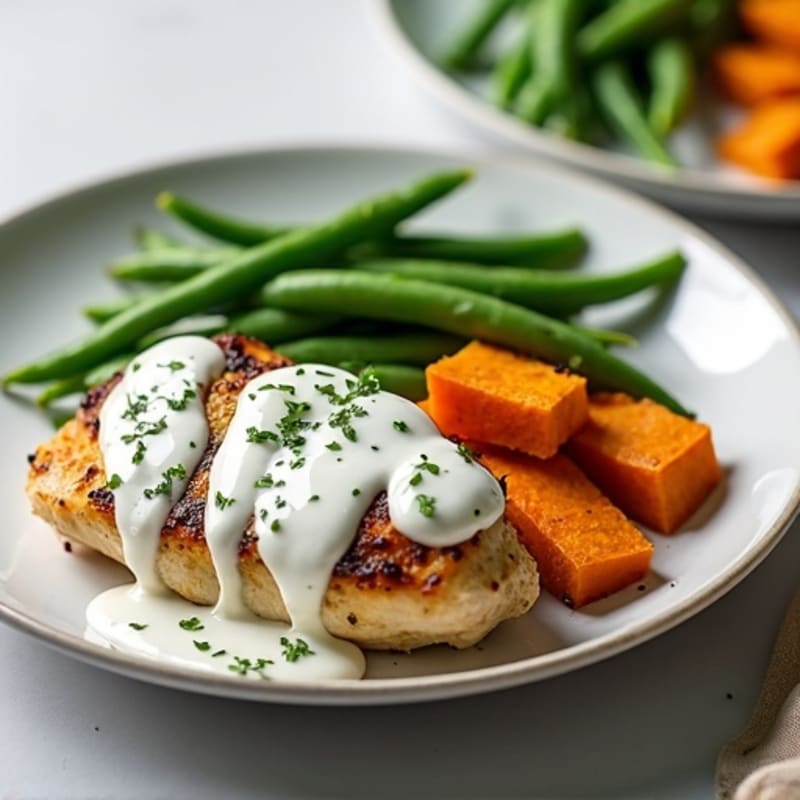 Creamy Herb Chicken with Roasted Sweet Potatoes and Crispy Green Beans