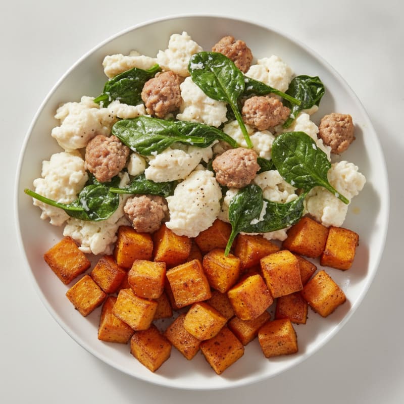 Egg White and Turkey Sausage Scramble with Spinach and Roasted Sweet Potatoes