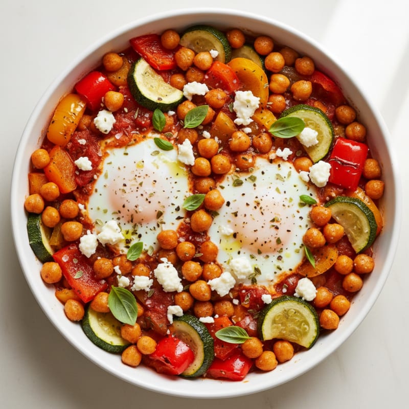 Mediterranean Baked Eggs with Roasted Chickpeas and Vegetables