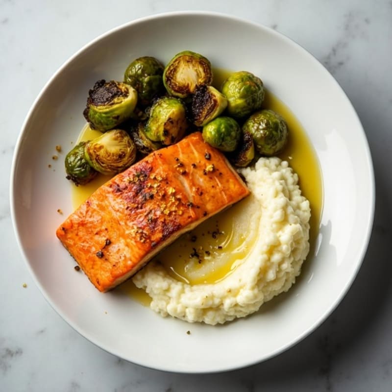 Seared Salmon with Roasted Brussels Sprouts and Cauliflower Mash