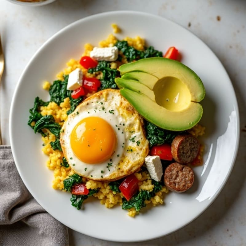 Egg White and Turkey Sausage Scramble with Spinach and Bell Peppers