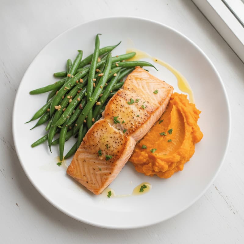 Seared Salmon with Garlic Green Beans and Sweet Potato Mash