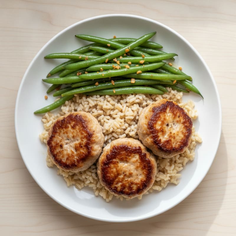 Seared Turkey Patties with Steamed Green Beans and Brown Rice