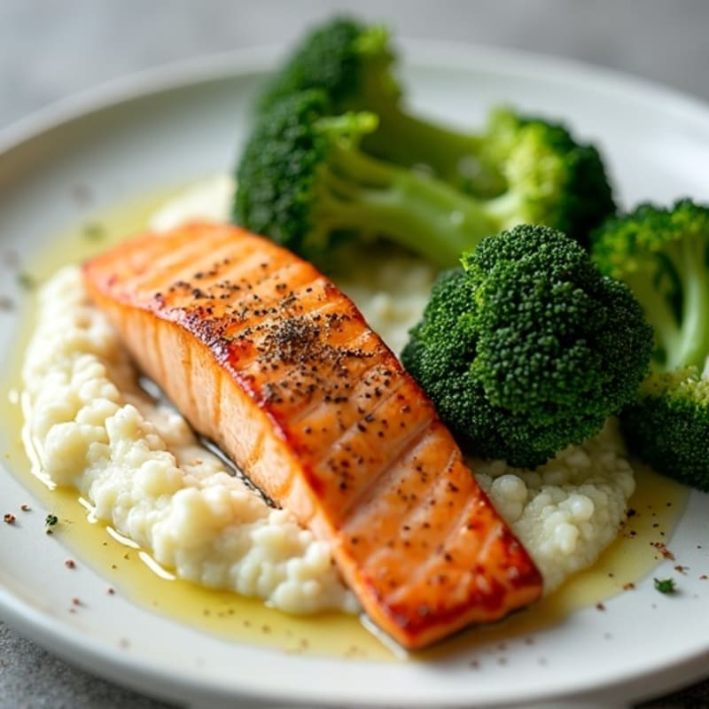 Seared Salmon with Steamed Broccoli and Garlic Cauliflower Mash