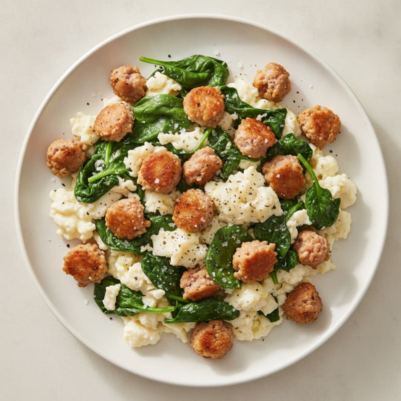 Egg White and Chicken Sausage Scramble with Spinach