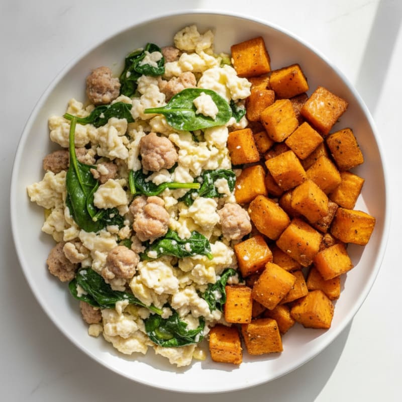 Egg White and Turkey Sausage Scramble with Spinach and Roasted Sweet Potato