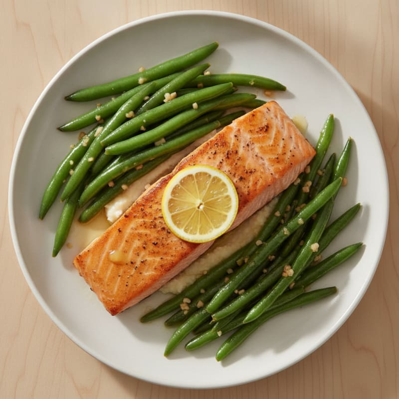 Seared Salmon with Garlic Green Beans and Cauliflower Mash