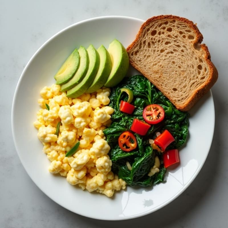 Egg White Vegetable Scramble with Cottage Cheese and Sautéed Spinach
