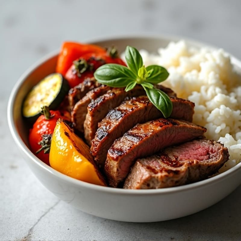 Grilled Beef and Roasted Vegetable Bowl with Steamed Rice