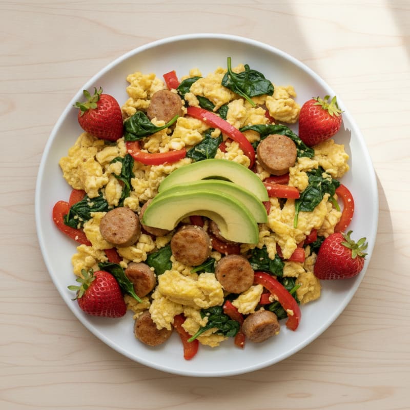 Chicken Sausage Egg Scramble with Spinach and Peppers