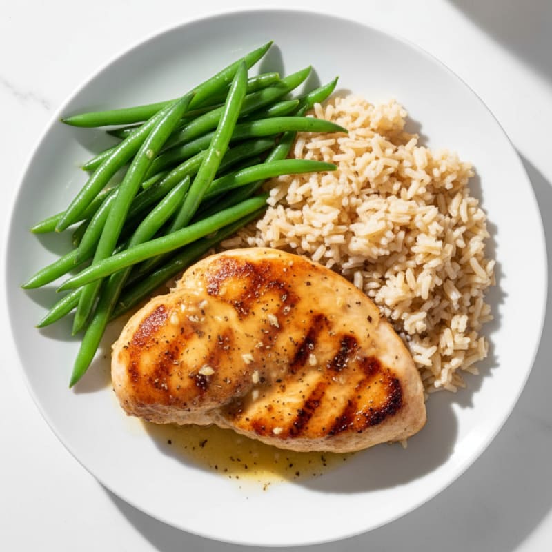 Lemon Garlic Chicken Breast with Steamed Green Beans and Brown Rice