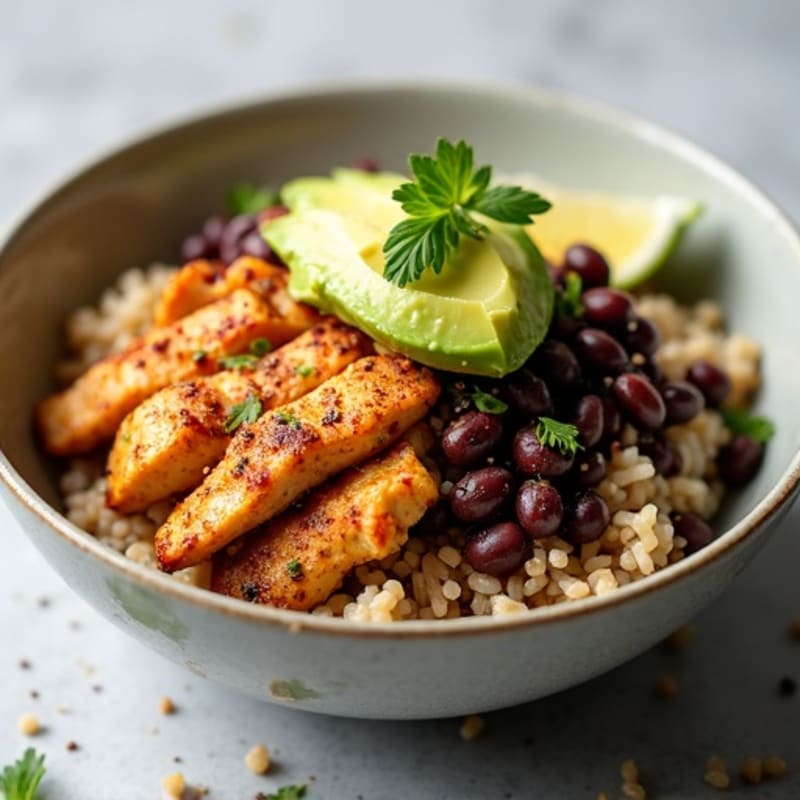 Spiced Chicken and Black Bean Rice Bowl with Creamy Avocado