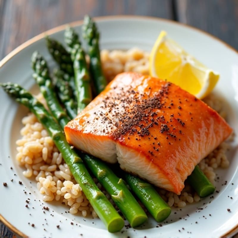 Seared Salmon with Steamed Asparagus and Brown Rice