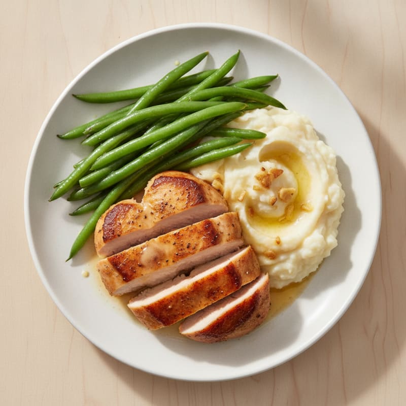 Seared Turkey Breast with Steamed Green Beans and Garlic Mash