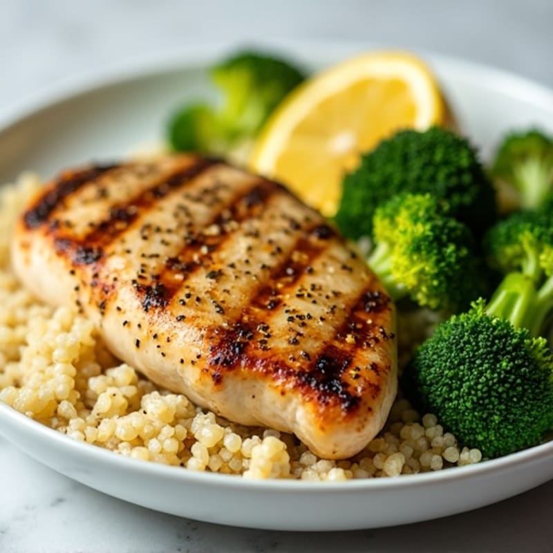Grilled Lemon Garlic Chicken Breast with Quinoa and Steamed Broccoli