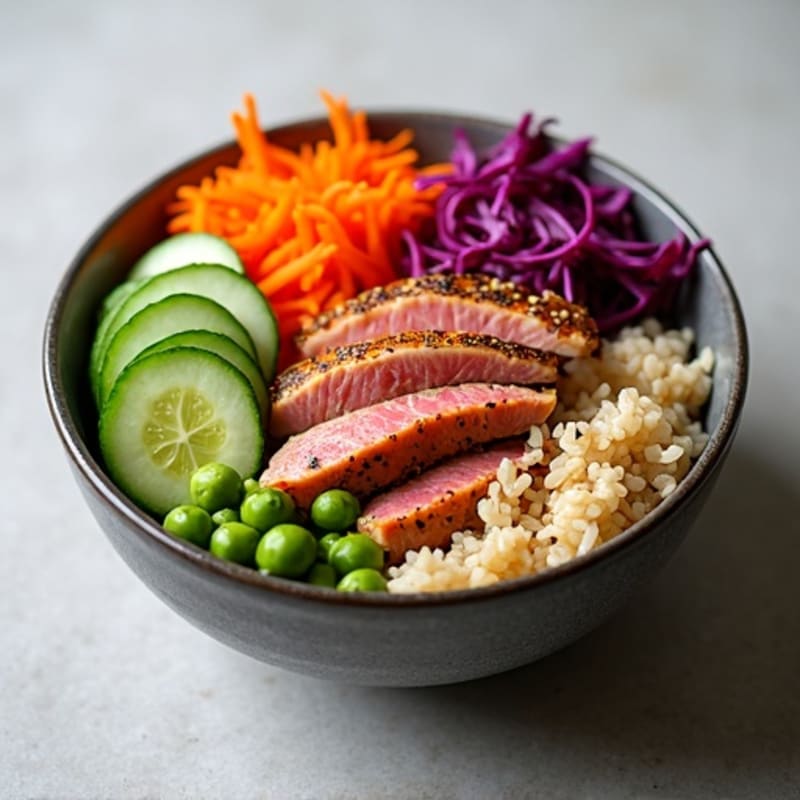 Fresh Sesame Ginger Tuna Bowl with Crunchy Vegetables and Brown Rice