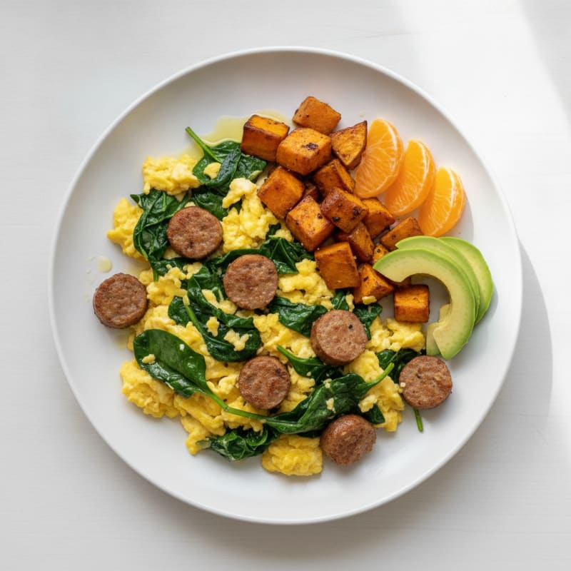 Egg and Spinach Scramble with Homemade Turkey Sausage
