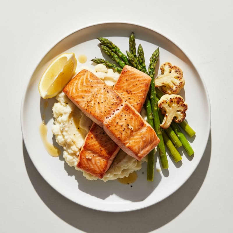 Seared Salmon with Roasted Asparagus and Cauliflower Mash