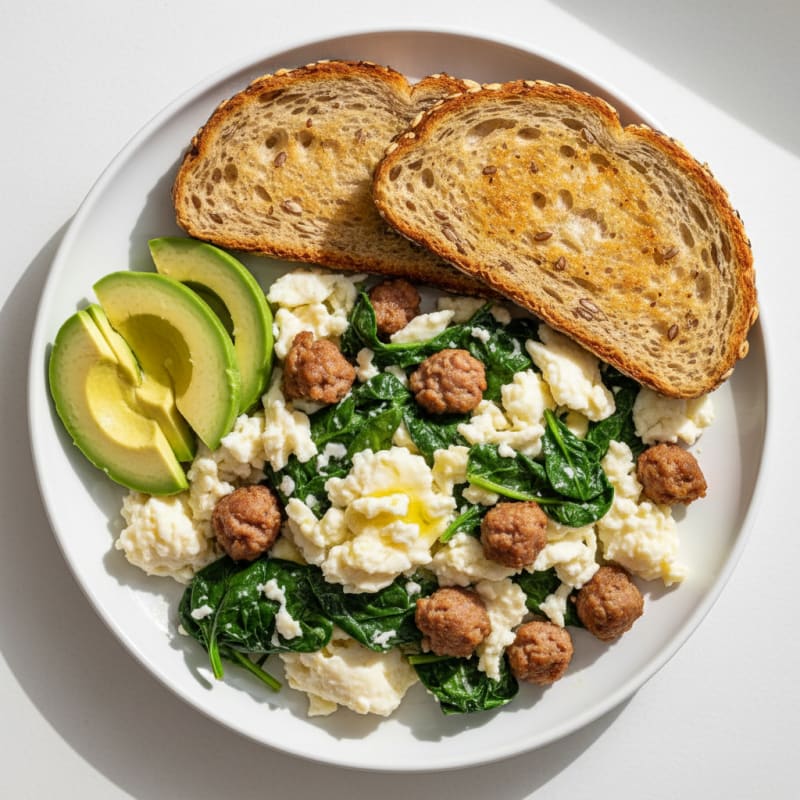 Egg White Spinach Scramble with Turkey Sausage