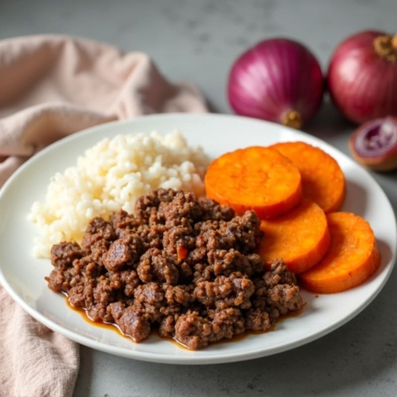 Hearty Ground Beef with Roasted Sweet Potato and Fluffy Rice