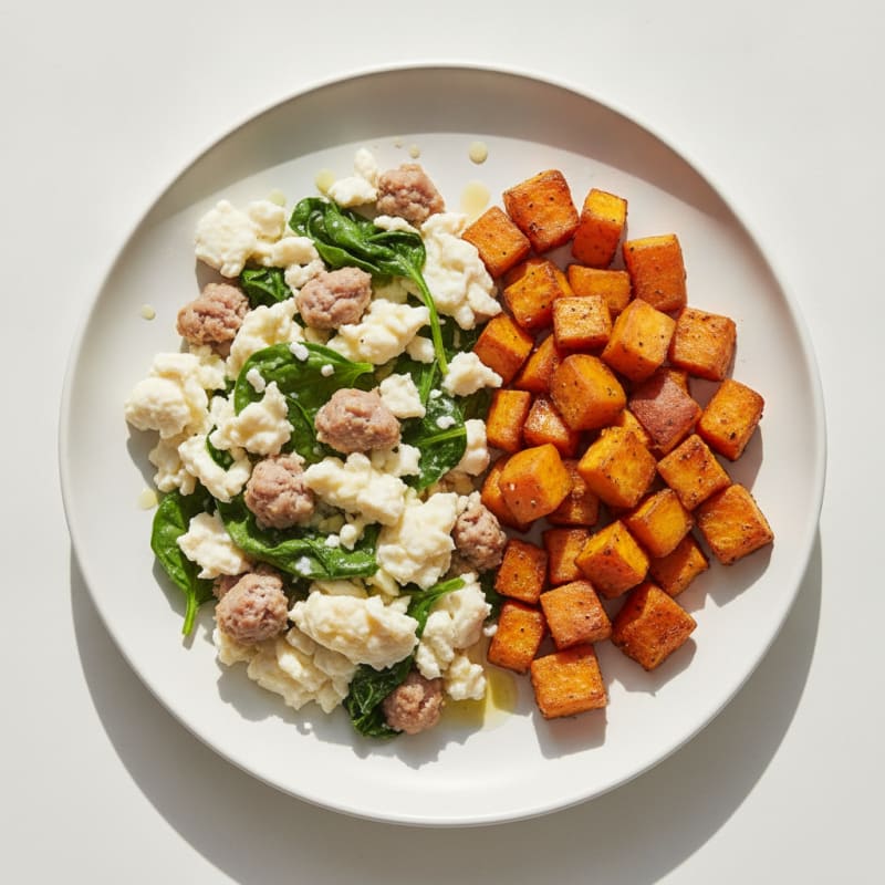 Egg White and Turkey Sausage Scramble with Spinach and Roasted Sweet Potato