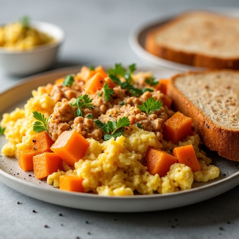 Egg and Turkey Sausage Scramble with Toasted Bread