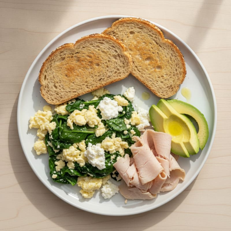 Egg White Spinach Scramble with Cottage Cheese and Sliced Turkey