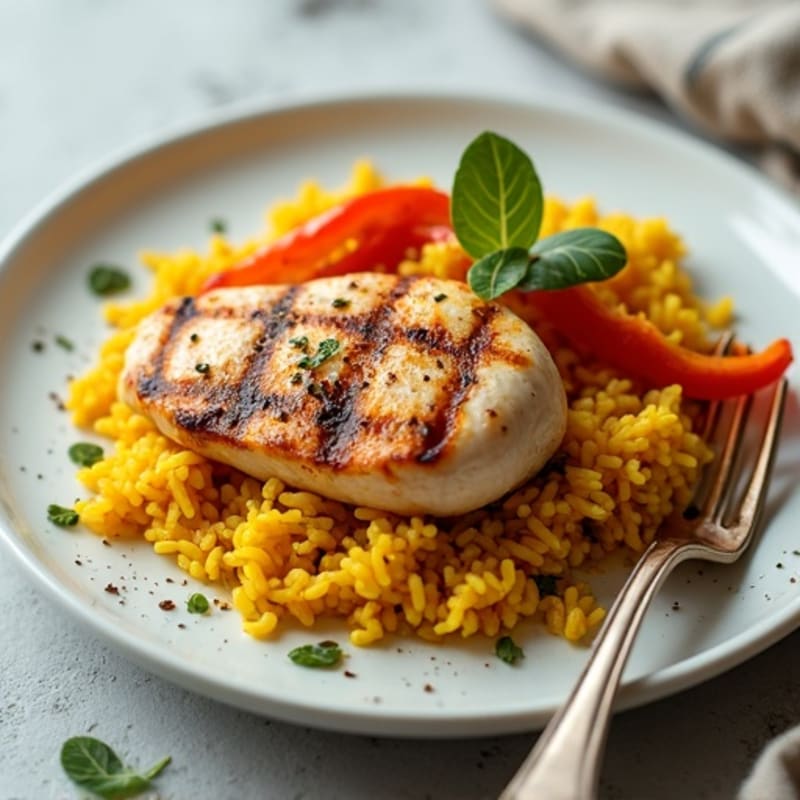 Pan-Seared Chicken with Spiced Yellow Rice and Bell Peppers
