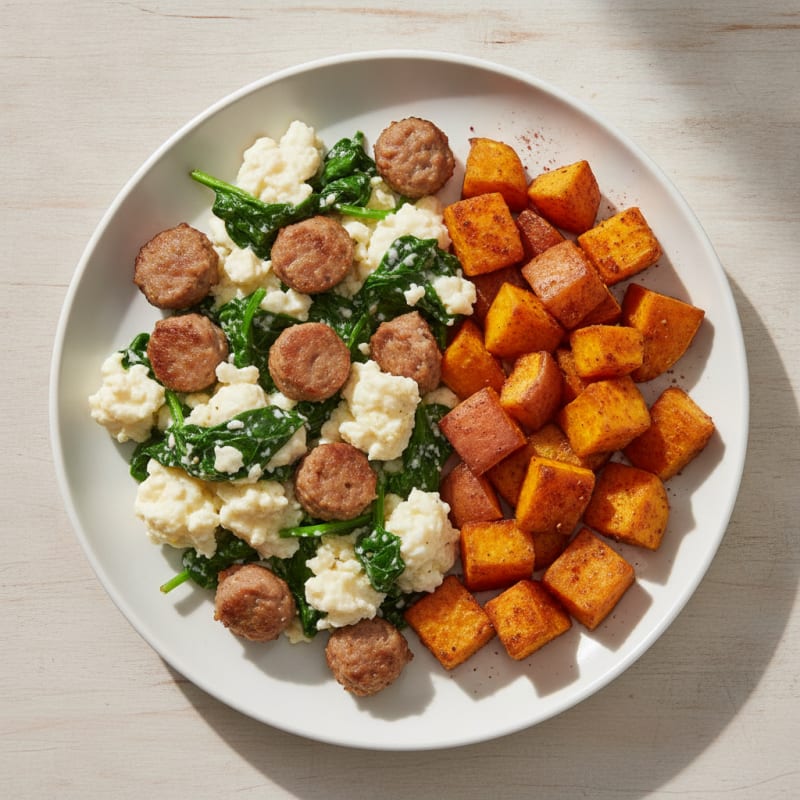 Egg White and Turkey Sausage Scramble with Spinach and Roasted Sweet Potatoes