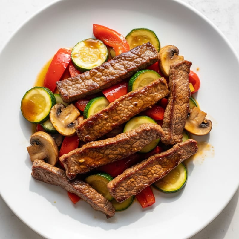 Seared Beef Strips with Sautéed Mixed Vegetables