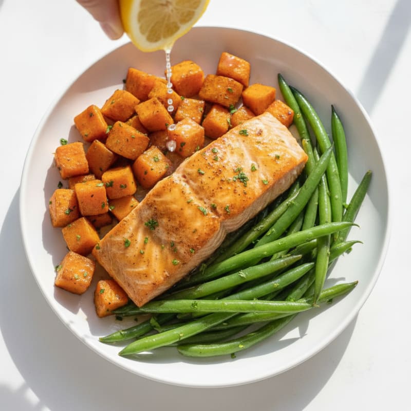 Seared Salmon with Roasted Sweet Potato and Green Beans