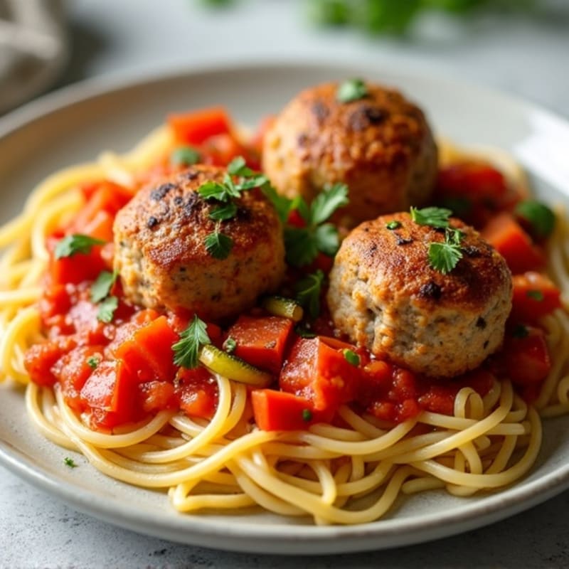 Hearty Turkey Meatballs with Whole Wheat Spaghetti and Garden Vegetable Sauce