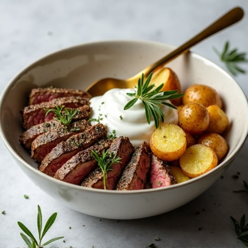Herb-Crusted Steak Bowl with Roasted Potatoes and Yogurt Sauce