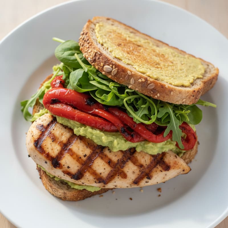 Grilled Chicken Breast Sandwich with Roasted Red Pepper and Baby Greens